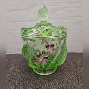Fenton Hand Painted Floral Green Paisley Candy Box Dish - Excellent Condition